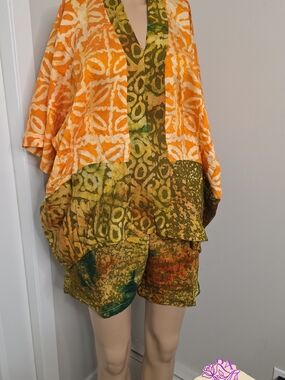 Vibrant Orange & Olive Tie-Dye Kimono Set